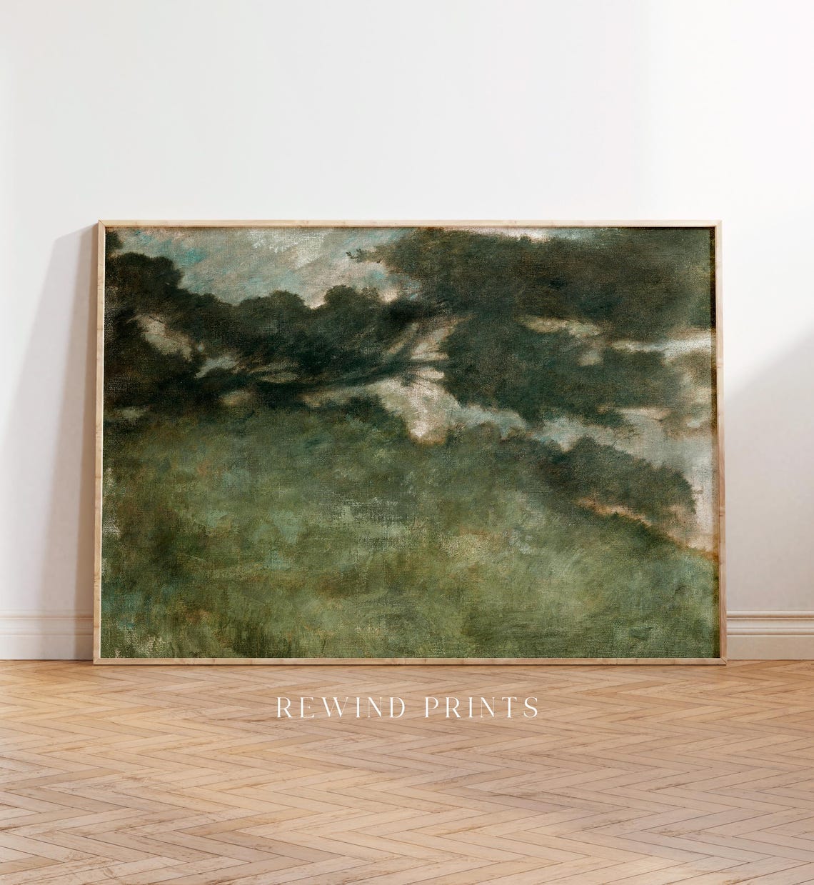 Rustic Green Landscape Painting Moody Field Oil Painting - Image 5