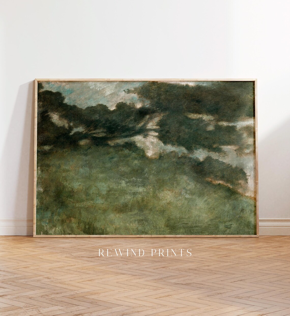 Vintage Moody Dark Green Field Tonalist Oil Painting Wall Art - Image 5