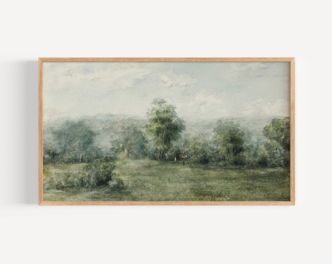 Vintage Green Tree Landscape, Spring Nature Art Print