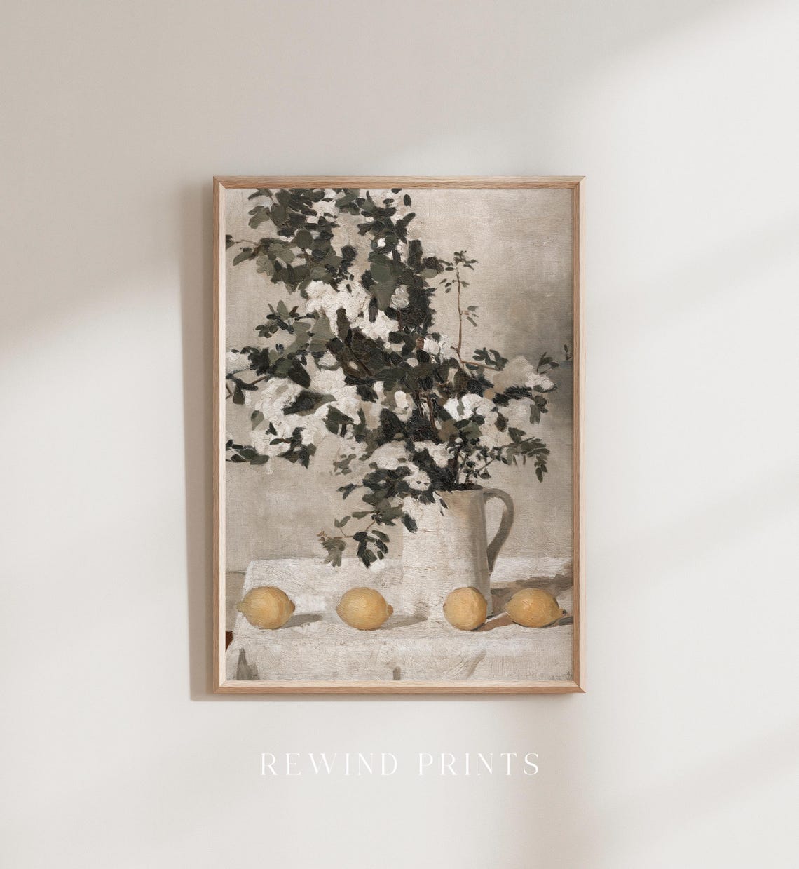 Vintage Still Life Painting Lemons White Pitcher Blossoms Wall Art - Image 5
