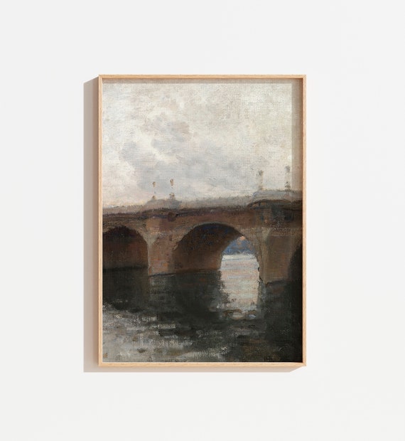 Vintage Moody Bridge Painting Art Victorian Landscape Antique Wall Art