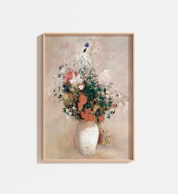 Vintage Flower Vase Still Life Art Print, Farmhouse Decor