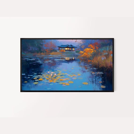 Korean Pavilion Pond At Night Autumn Moonlight Water Lily Painting Poster