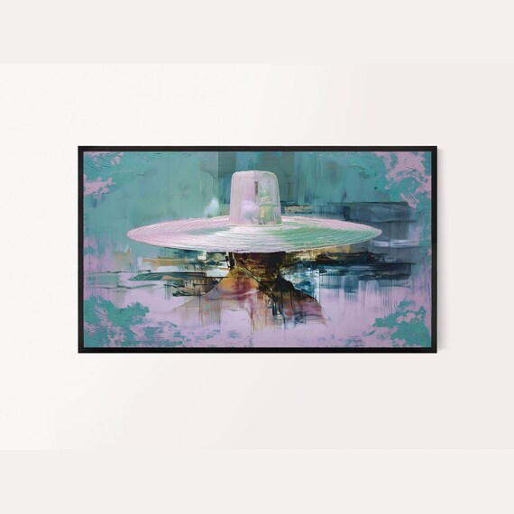 Korean Frame Tv Art Hanbok Gat Semi Abstract Painting Pink And Jade Green Colors
