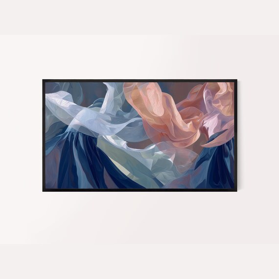 Korean Frame Tv Art Hanbokinspired Abstract Painting Navy Blue And Blush Pink Colors Flowing Layers