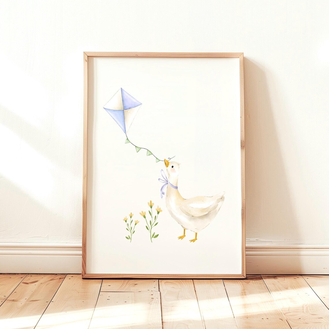 Sweet Goose Flying Kite Watercolor Nursery Kids Room Art Poster