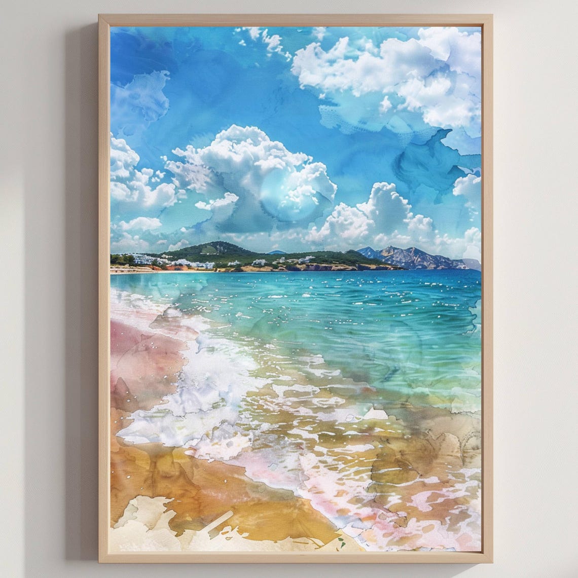 Ibiza Beach Watercolor Turquoise Waves Blush Sand Summer Poster