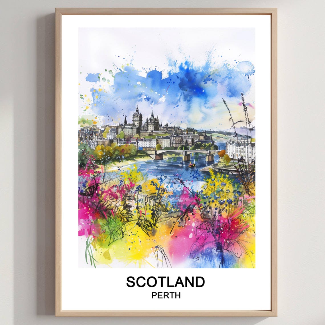 Perth Scotland River City Floral Watercolor Travel Art Poster