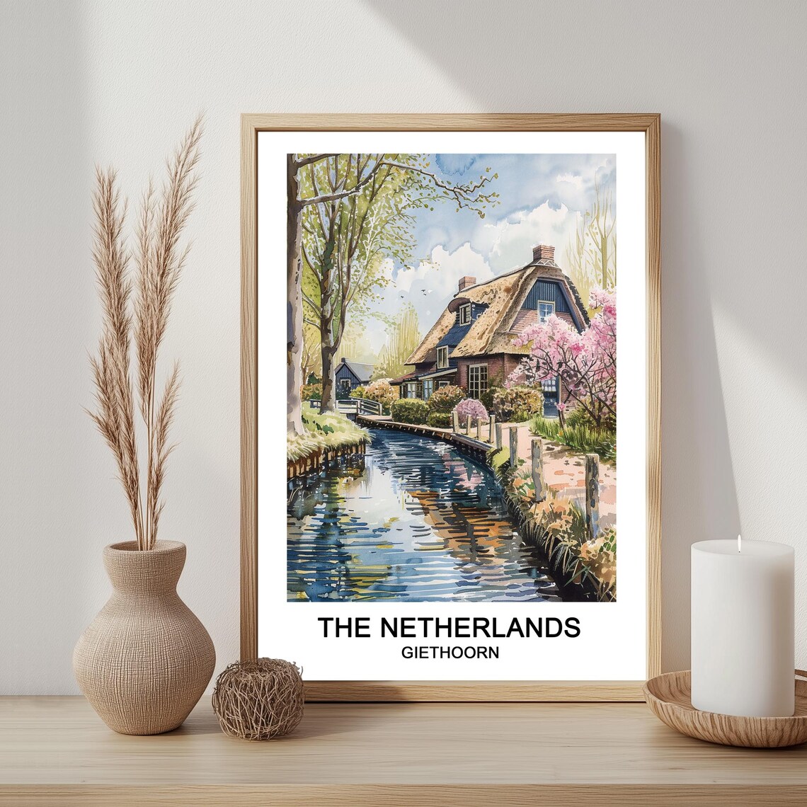 Giethoorn Netherlands Thatched Canal Watercolor Travel Art Poster