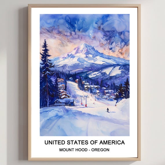 Mount Hood Ski Resort Watercolor Art Print Oregon Travel Poster