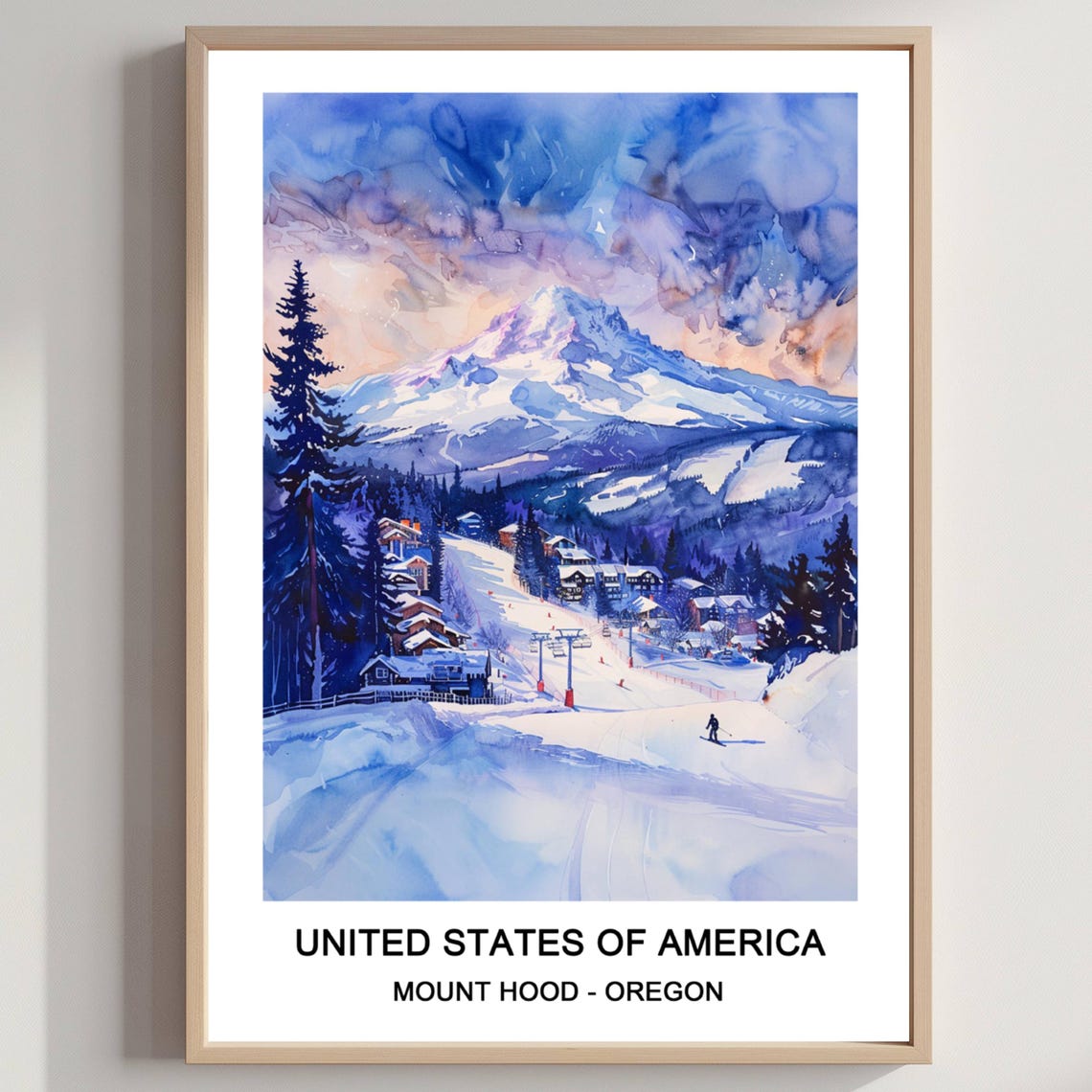 Mount Hood Oregon Watercolor Ski Resort Snowy Mountain Travel Poster