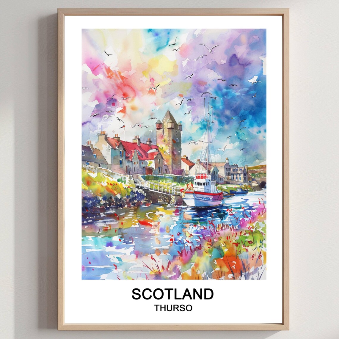 Thurso Scotland Harbor Watercolor Fishing Boat Seagull Travel Poster