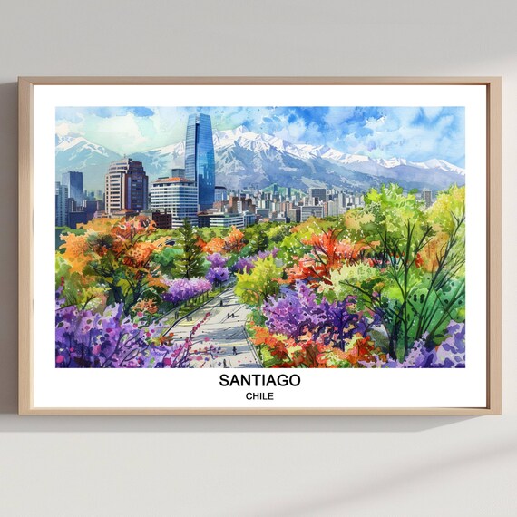 Santiago Chile Watercolor Poster of the City Skyline and Andes