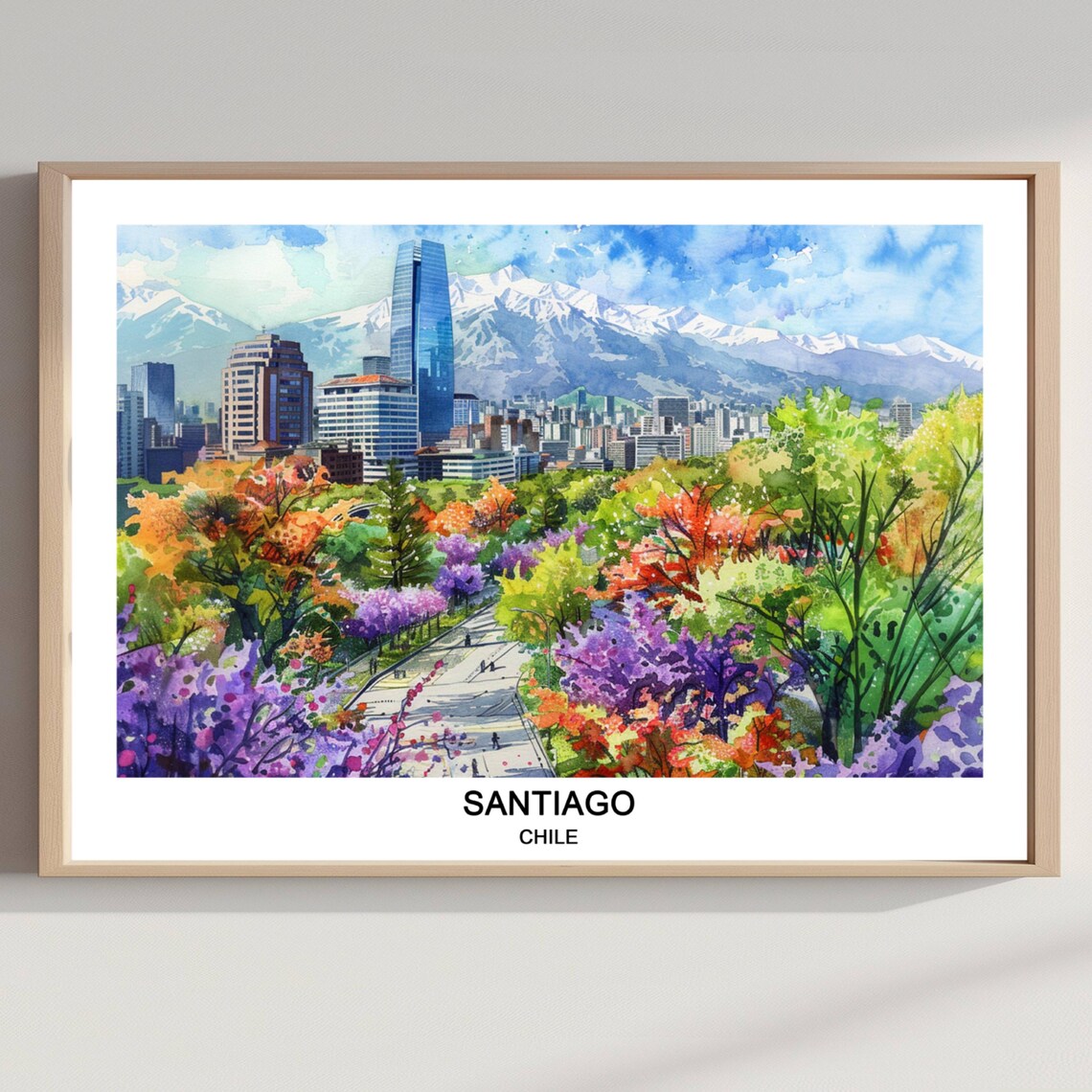 Santiago Chile Watercolor Poster of the City Skyline and Andes