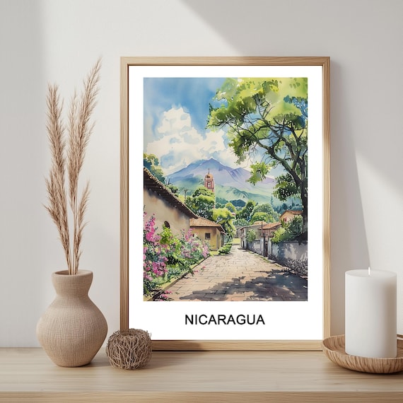 Nicaragua Watercolor Travel Poster Cobblestone Village Mountain View