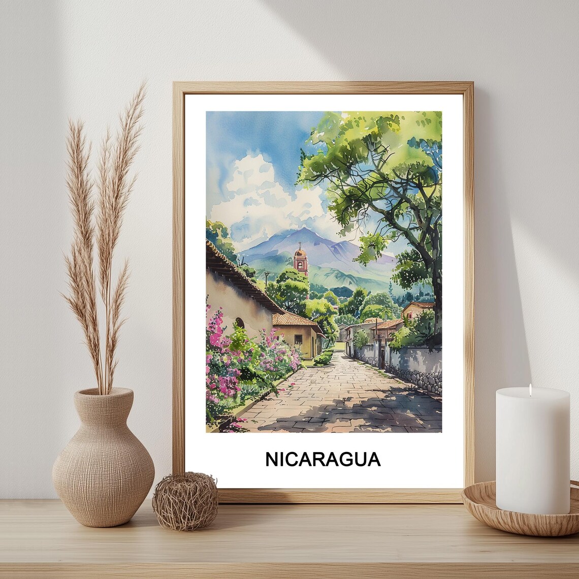 Nicaragua Watercolor Travel Poster Cobblestone Village Mountain View