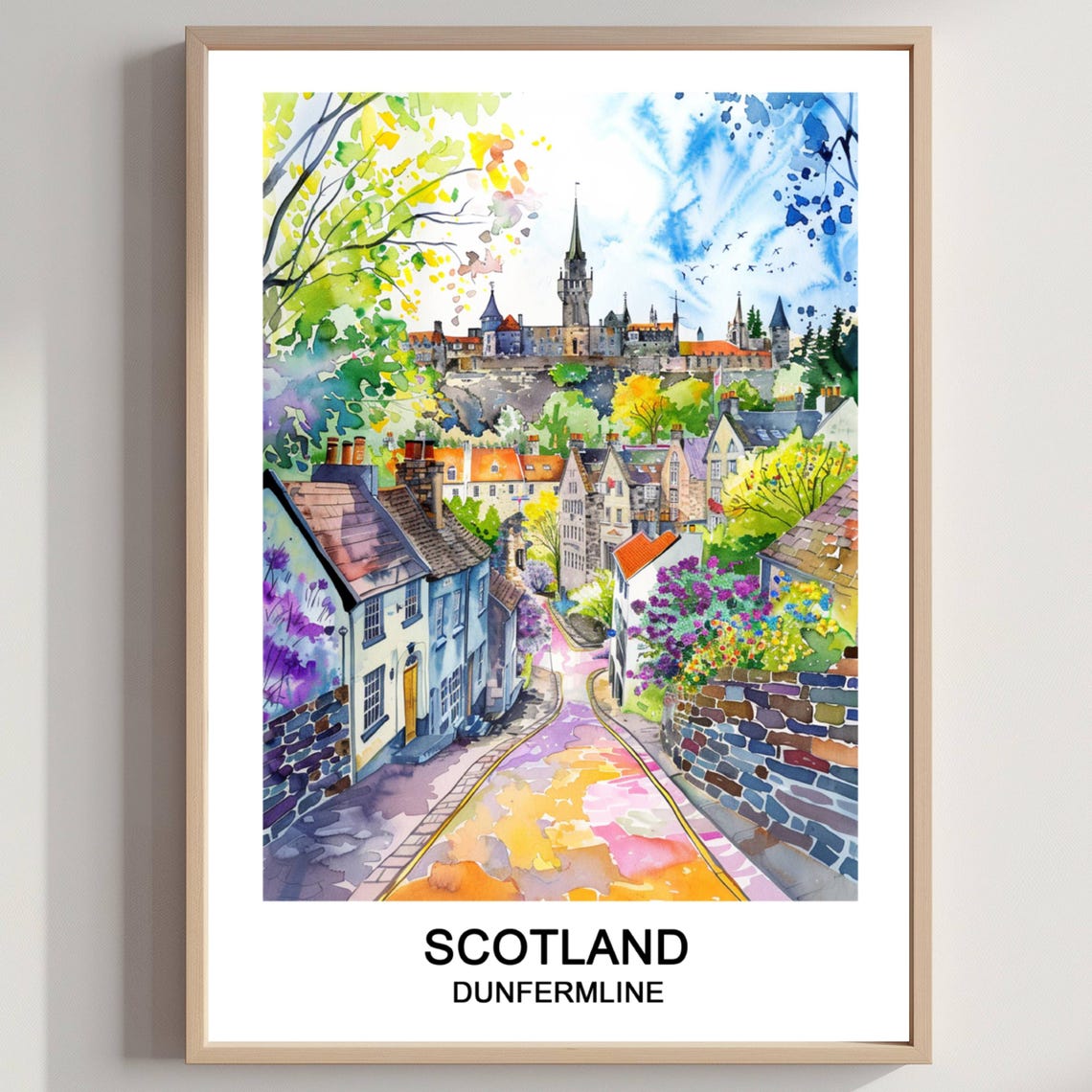 Scotland Dunfermline Cobbled Street Watercolor Travel Poster Art