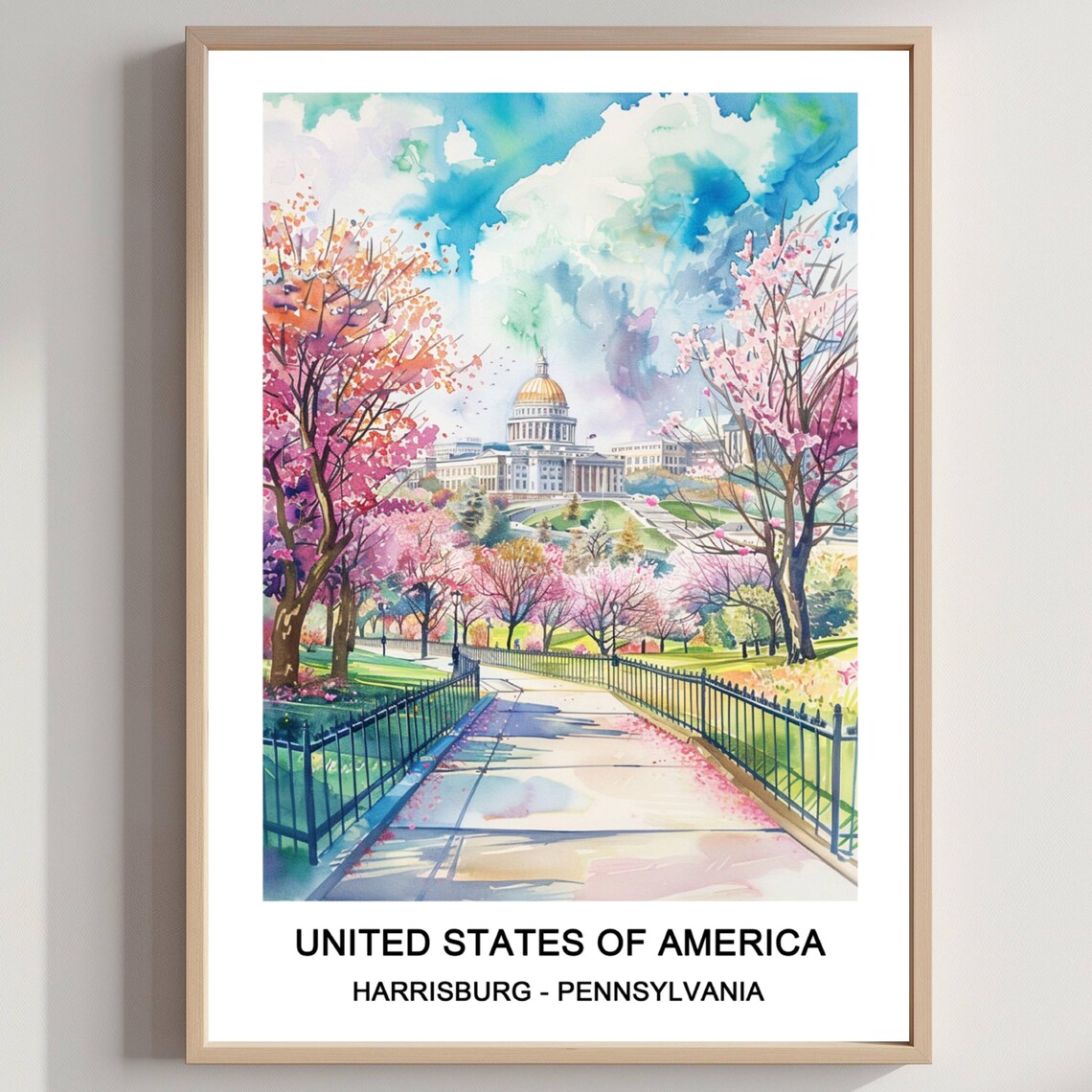 Harrisburg Pennsylvania Capitol Cherry Blossom Watercolor Travel Poster