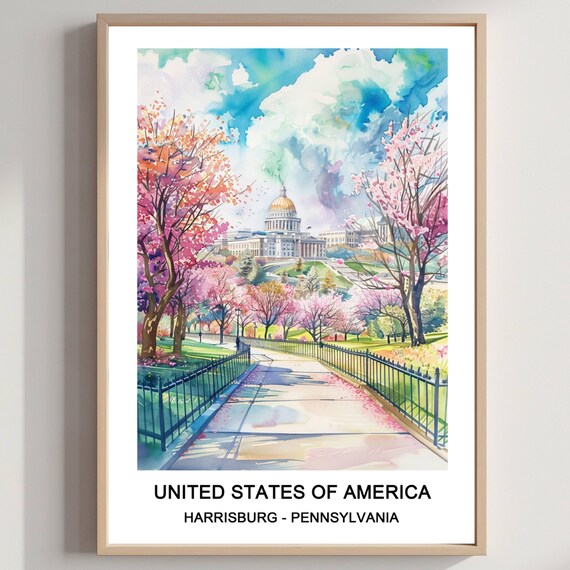 Harrisburg Pennsylvania Capitol Cherry Blossom Watercolor Travel Poster