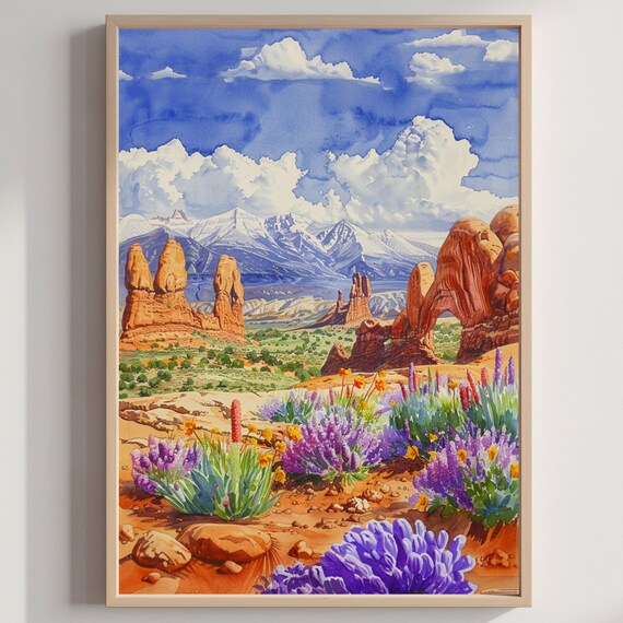 Red Rock Desert Arches Wildflower Watercolor Southwest Scenic Poster