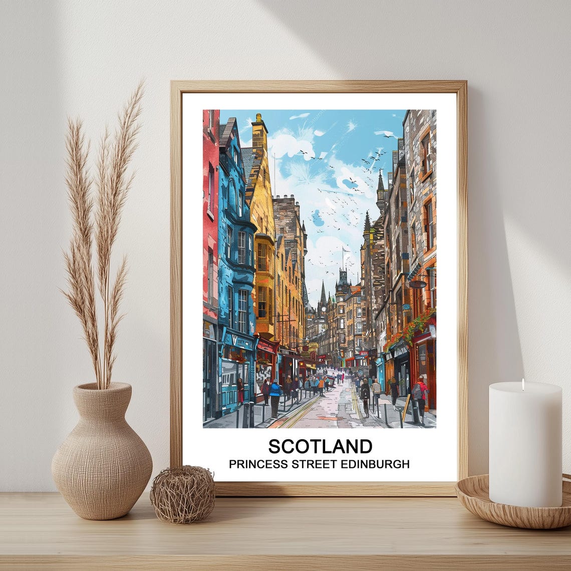 Princess Street Edinburgh Scotland Colorful Old Town Watercolor Poster