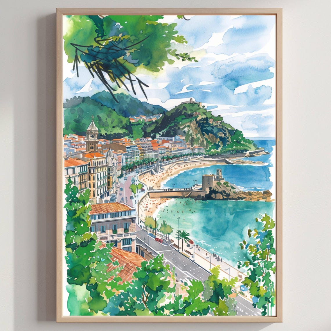San Sebastian Spain Watercolor Bay View La Concha Coast Poster
