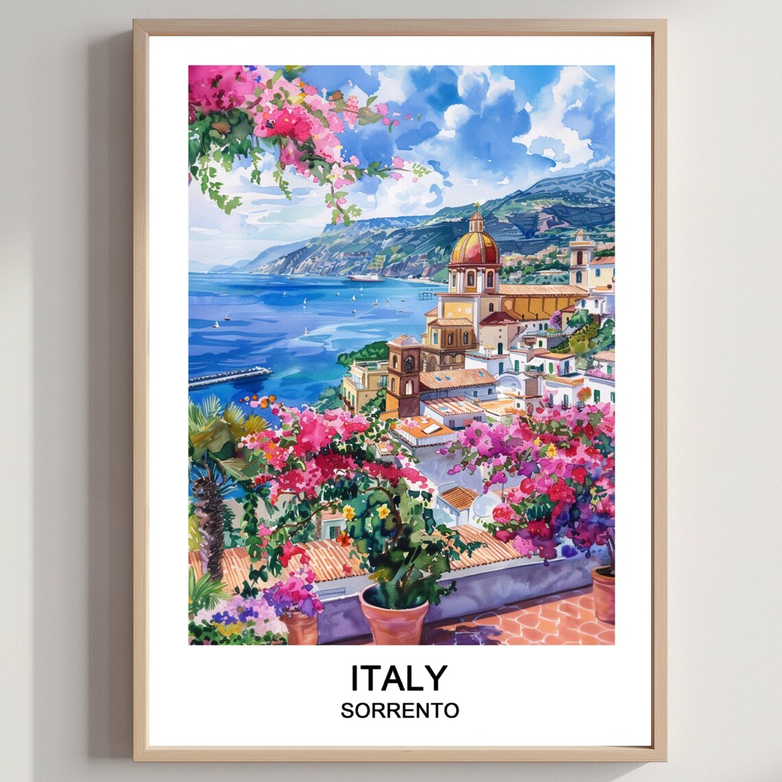 Sorrento Italy Bougainvillea Bay Church Domes Watercolor Travel Poster
