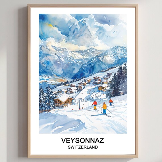Veysonnaz Switzerland Ski Slopes Alpine Chalets Blue Watercolor Poster