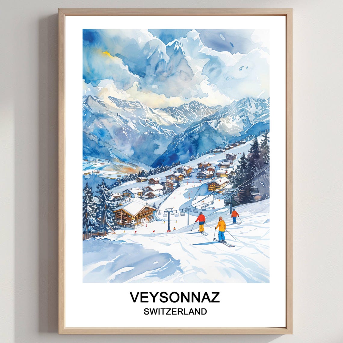 Veysonnaz Switzerland Ski Slopes Alpine Chalets Blue Watercolor Poster