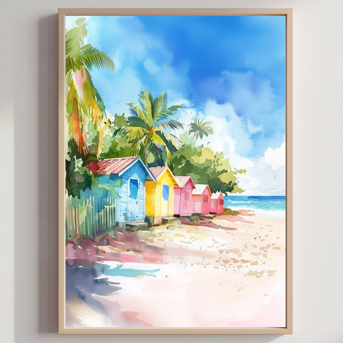 Barbados Colorful Beach Huts Palm Trees Caribbean Island Poster