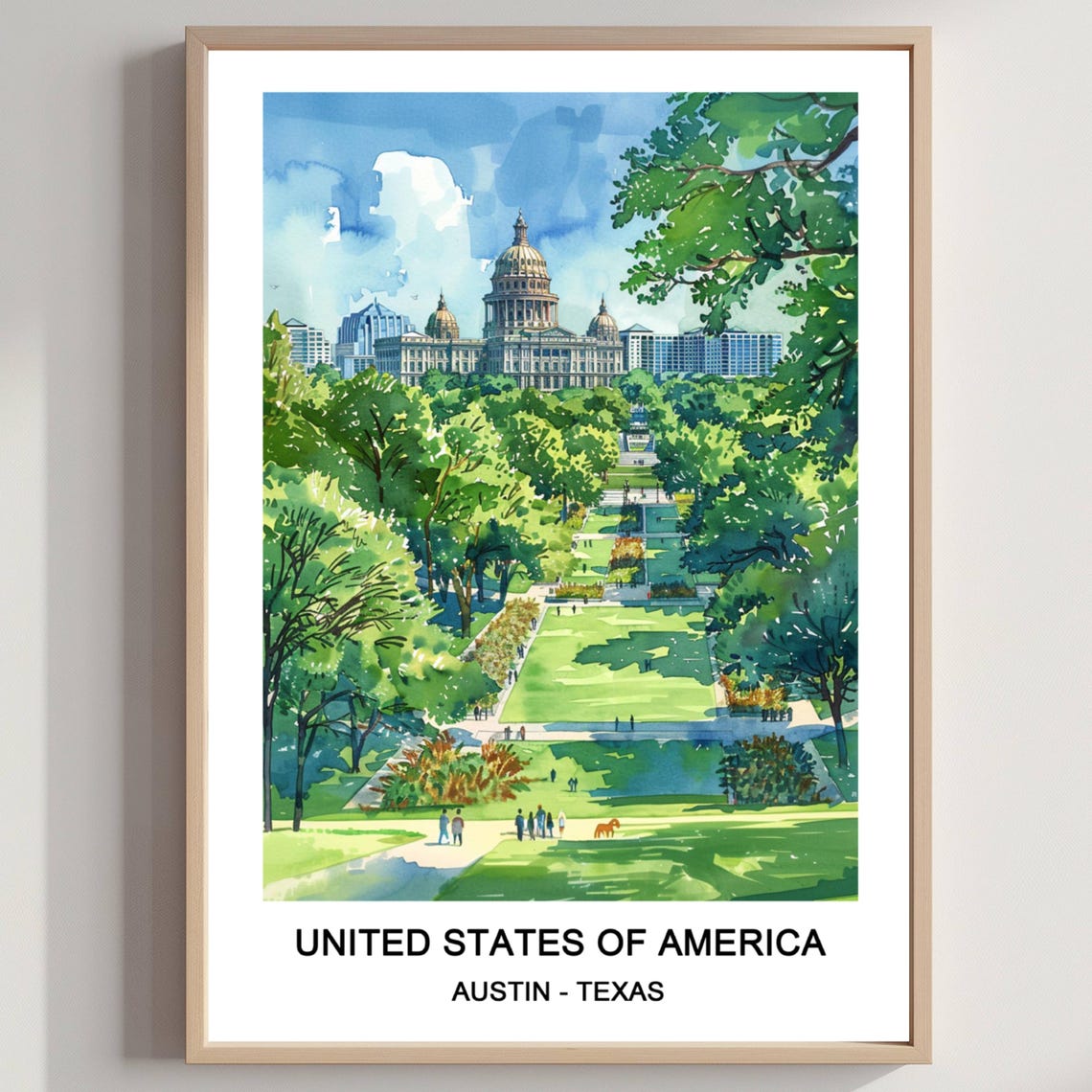 Austin Texas State Capitol Green Lawn Park Watercolor Travel Poster