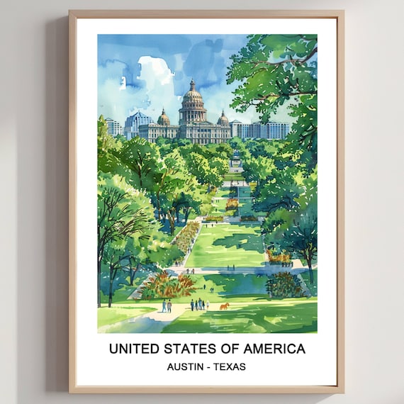 Austin Texas State Capitol Green Lawn Park Watercolor Travel Poster