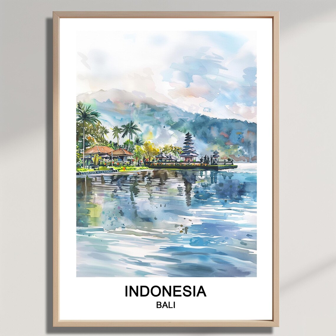 Bali Indonesia Watercolor Lake Temple Travel Poster With Palm Trees