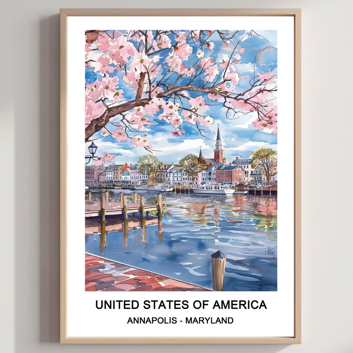 Annapolis Maryland Harbor Cherry Blossom Watercolor Travel Art Poster