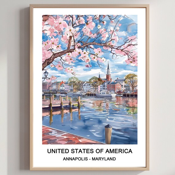 Annapolis Maryland Harbor Cherry Blossom Watercolor Travel Art Poster