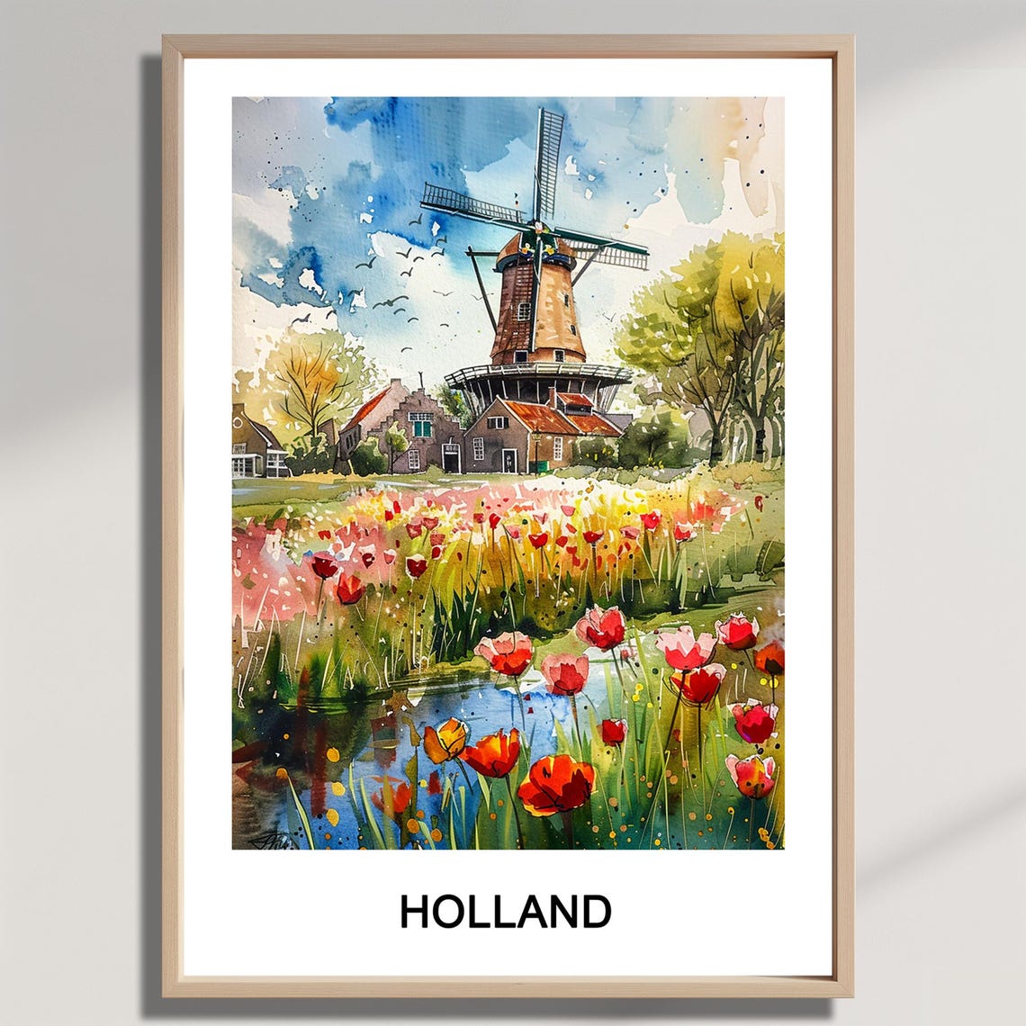 Holland Windmill Tulip Fields Canal Watercolor Travel Art Poster
