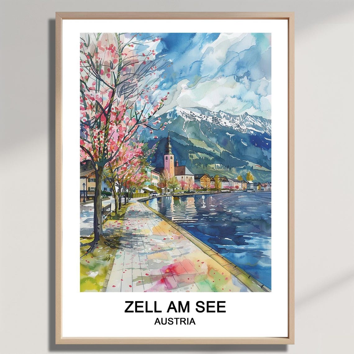 Zell Am See Austria Lakeside Cherry Blossom Watercolor Poster