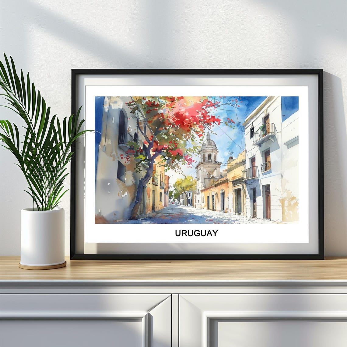 Uruguay Colonial Street Flowering Tree Watercolor City Scene Poster
