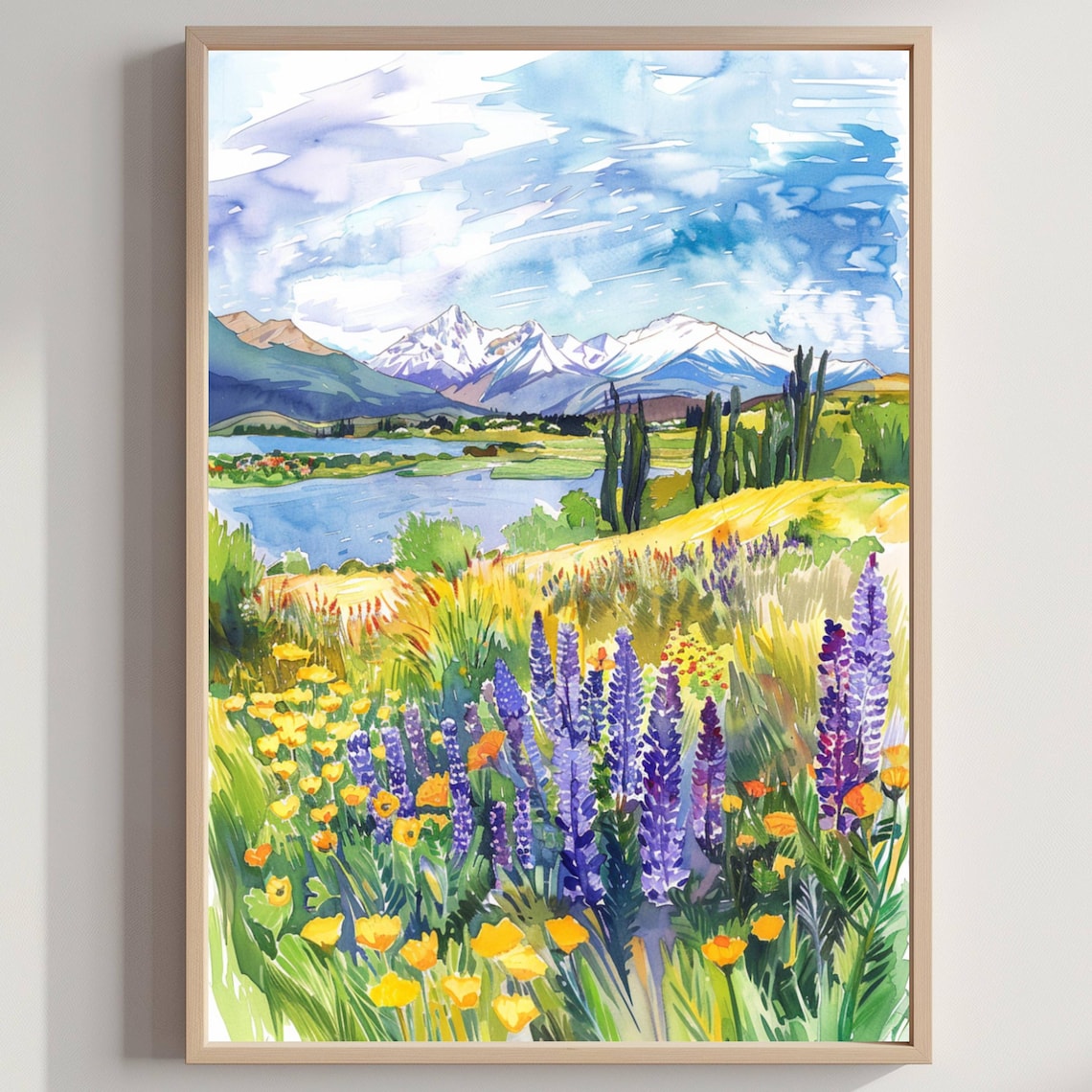 Chile Wildflower Meadow Snowcapped Peaks Lake Watercolor Art Poster