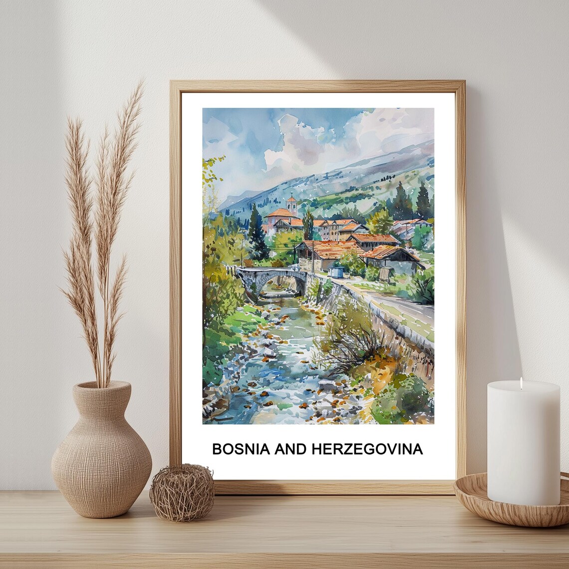 Bosnia and Herzegovina River Village Watercolor Travel Poster