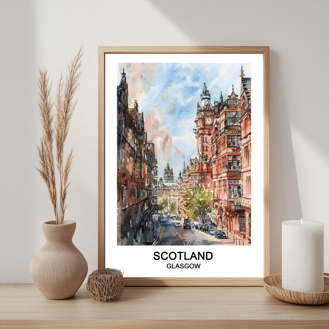 Glasgow Scotland Victorian Clock Tower Street Watercolor Travel Poster