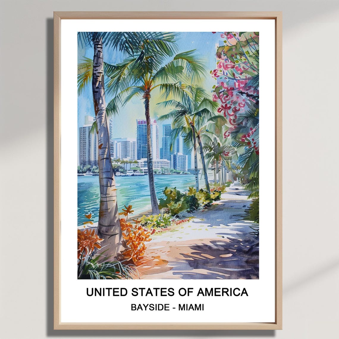 Bayside Miami Watercolor Bayfront Palm Trees Skyline Travel Poster