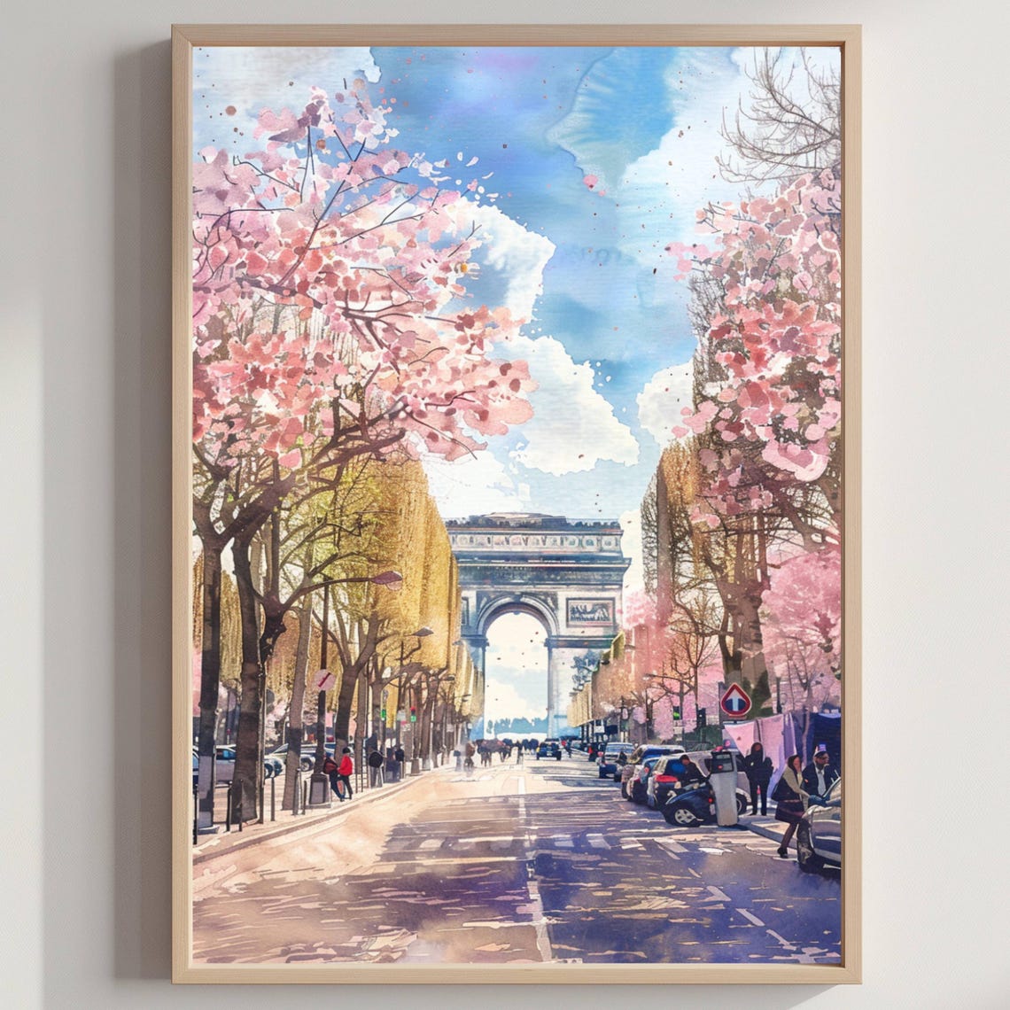 Paris Champs Elysees Arc De Triomphe Cherry Blossom Watercolor Poster