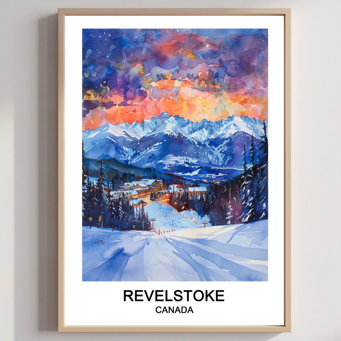 Revelstoke Canada Watercolor Ski Resort Poster Sunset Mountain Scene