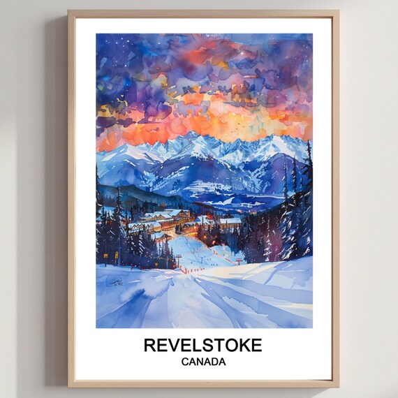 Revelstoke Canada Watercolor Ski Resort Poster Sunset Mountain Scene