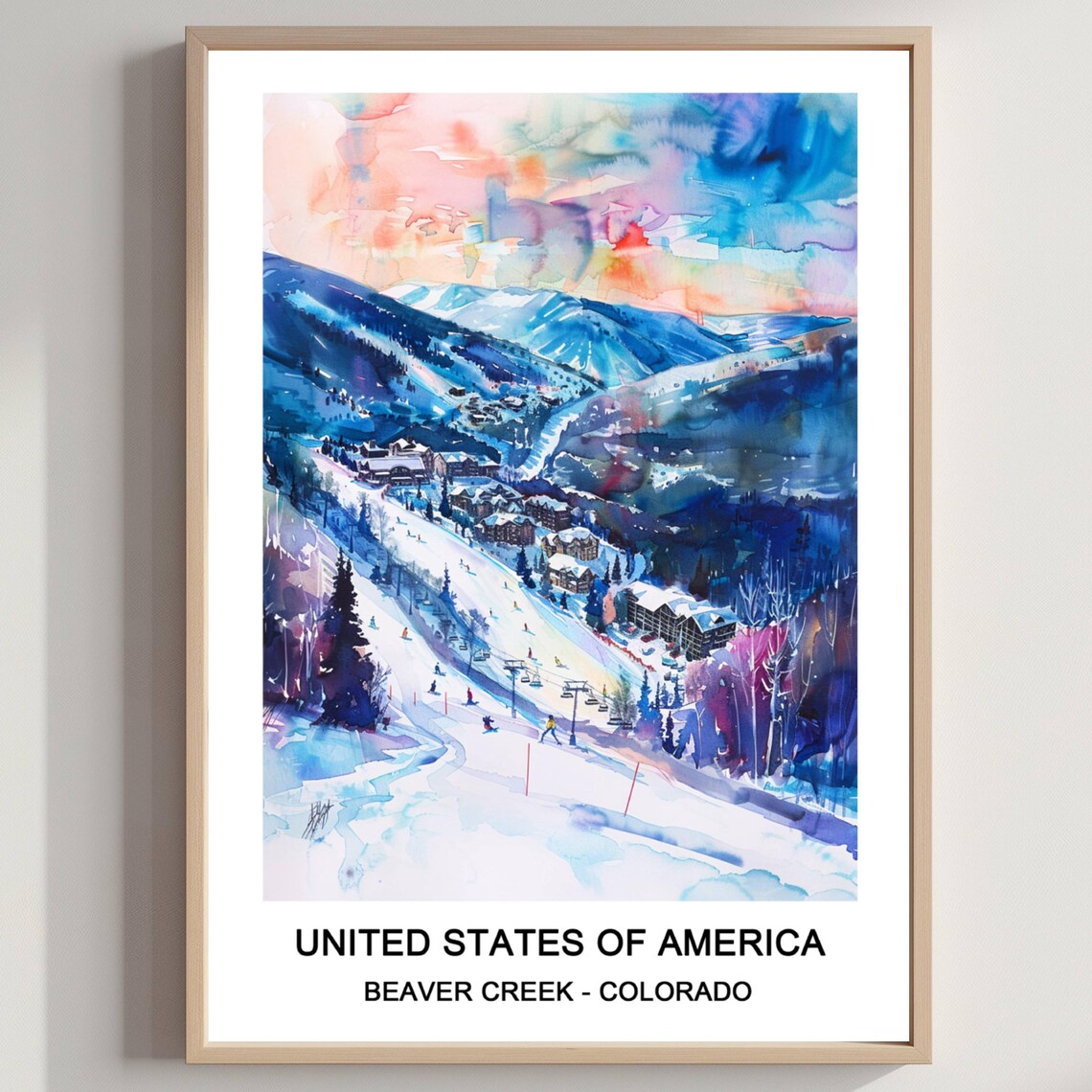 Scenic Beaver Creek Colorado Ski Resort Watercolor Travel Poster
