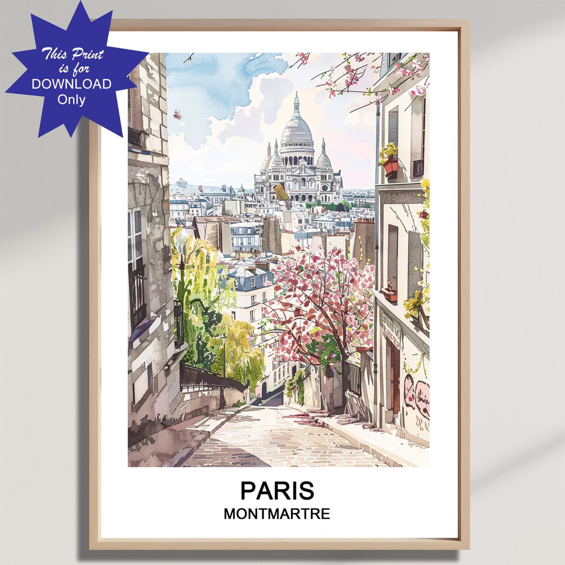 Montmartre Paris Sacre Coeur Basilica Watercolor Travel Poster