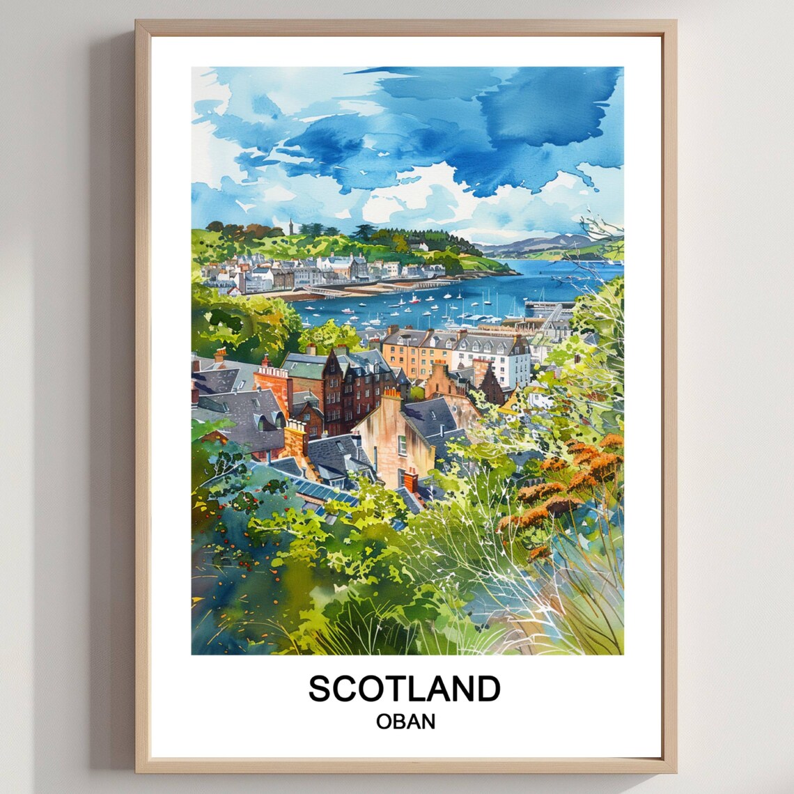 Oban Scotland Sunny Harbor Watercolor Travel Scenic Coastal Print