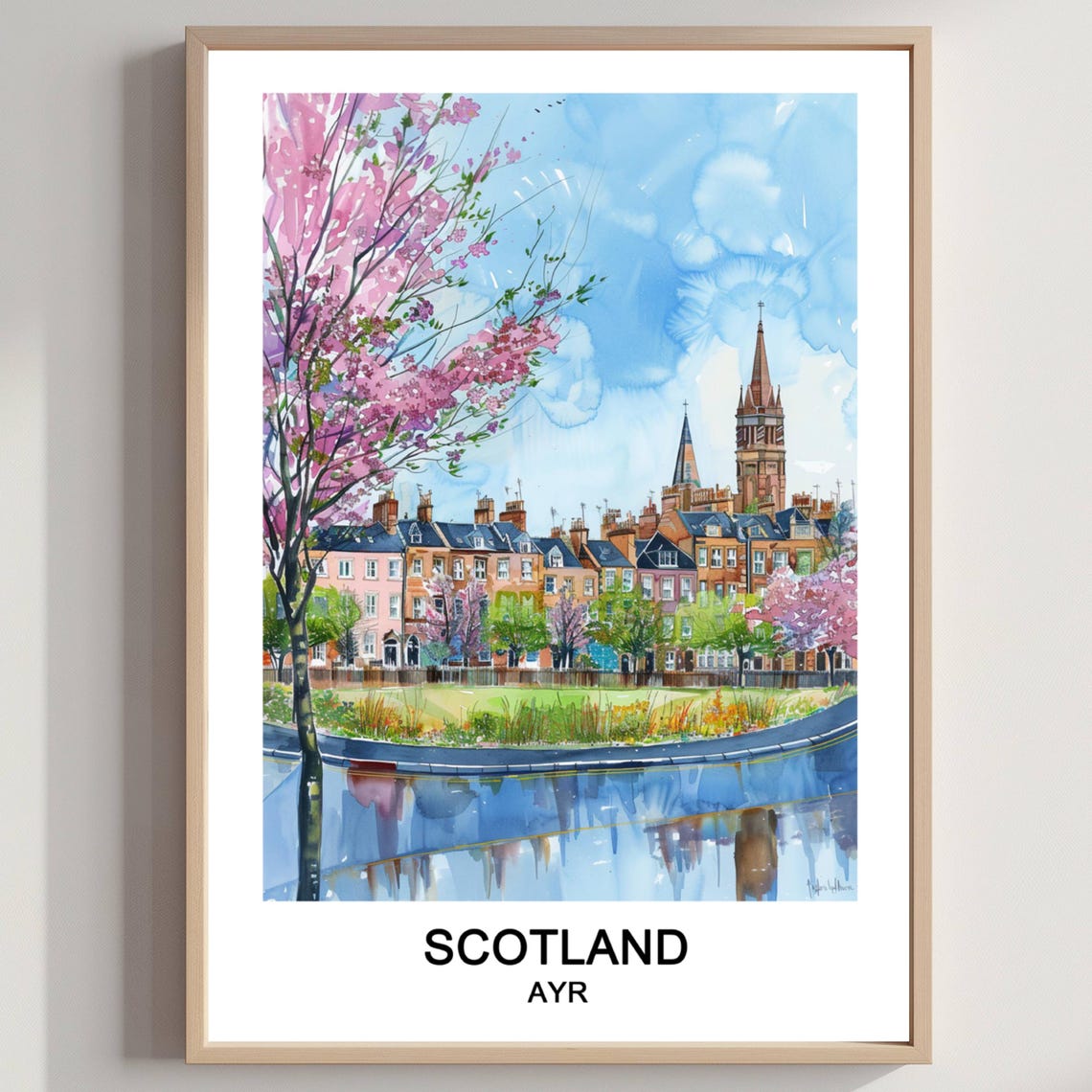 Scotland Ayr Riverside Town Cherry Blossom Watercolor Poster Art