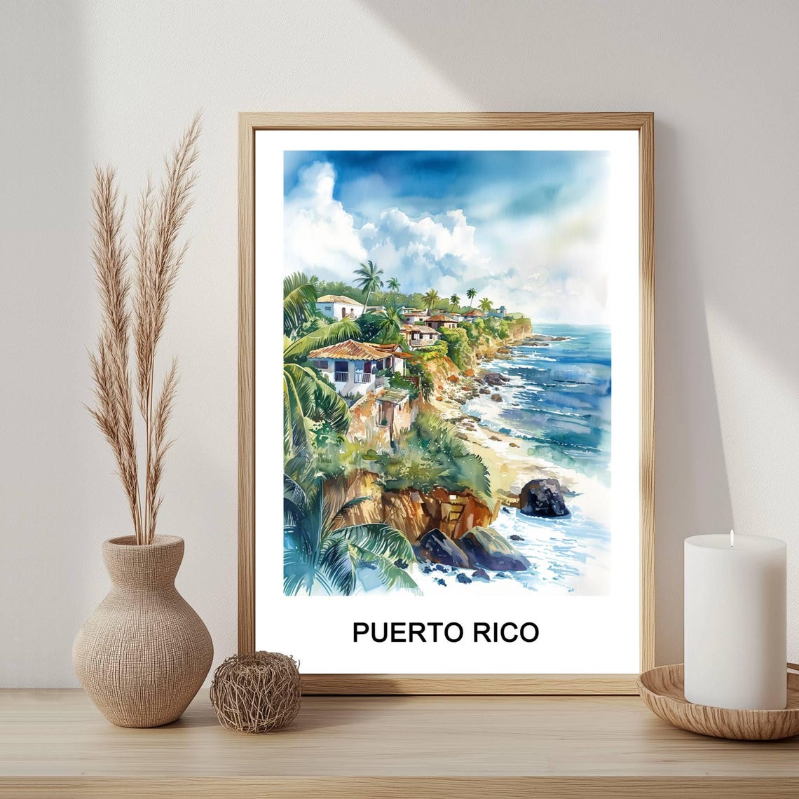 Puerto Rico Palm Cliff Watercolor Tropical Seascape Artwork Poster